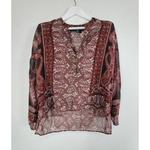 Angie Womens Boho Paisley Floral Semi-Sheer Blouse Small Brown Red Hi-Low Hem - Picture 1 of 7